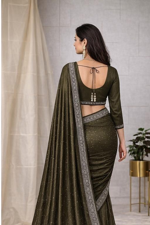 Dark Olive Designer Saree with Embellished Border & Unstitched Blouse