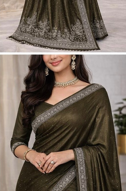 Dark Olive Designer Saree with Embellished Border & Unstitched Blouse