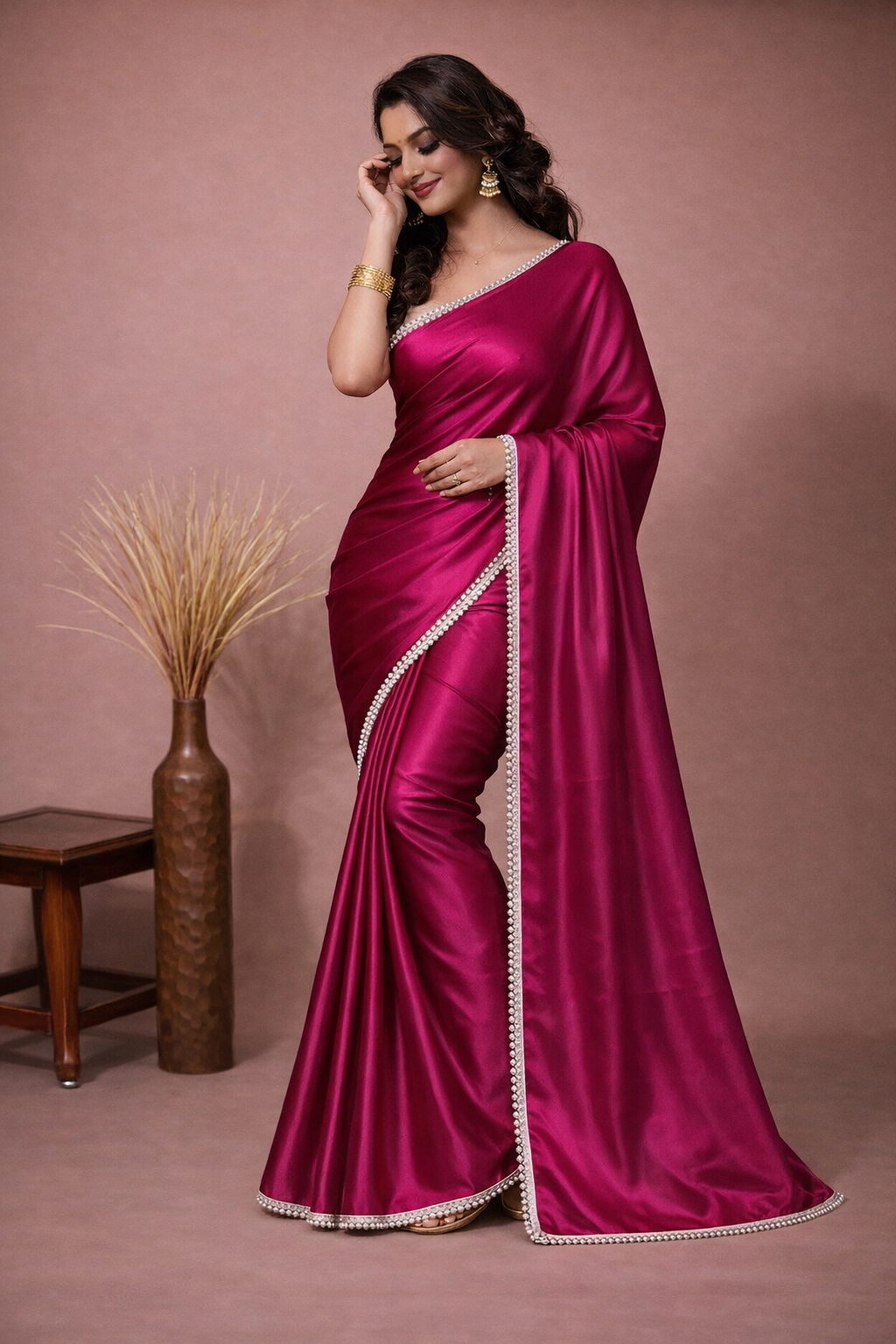 Elegant Wine Pink Satin Silk Saree with Pearl Lace Border
