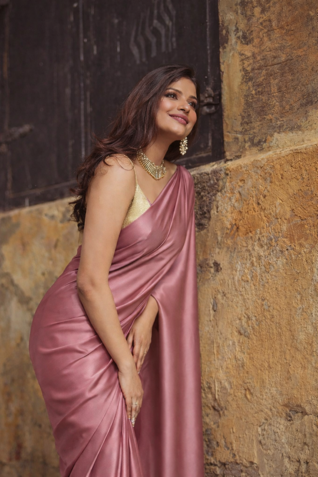 Elegant Dusty Rose Satin Silk Saree with Golden Latkan Border