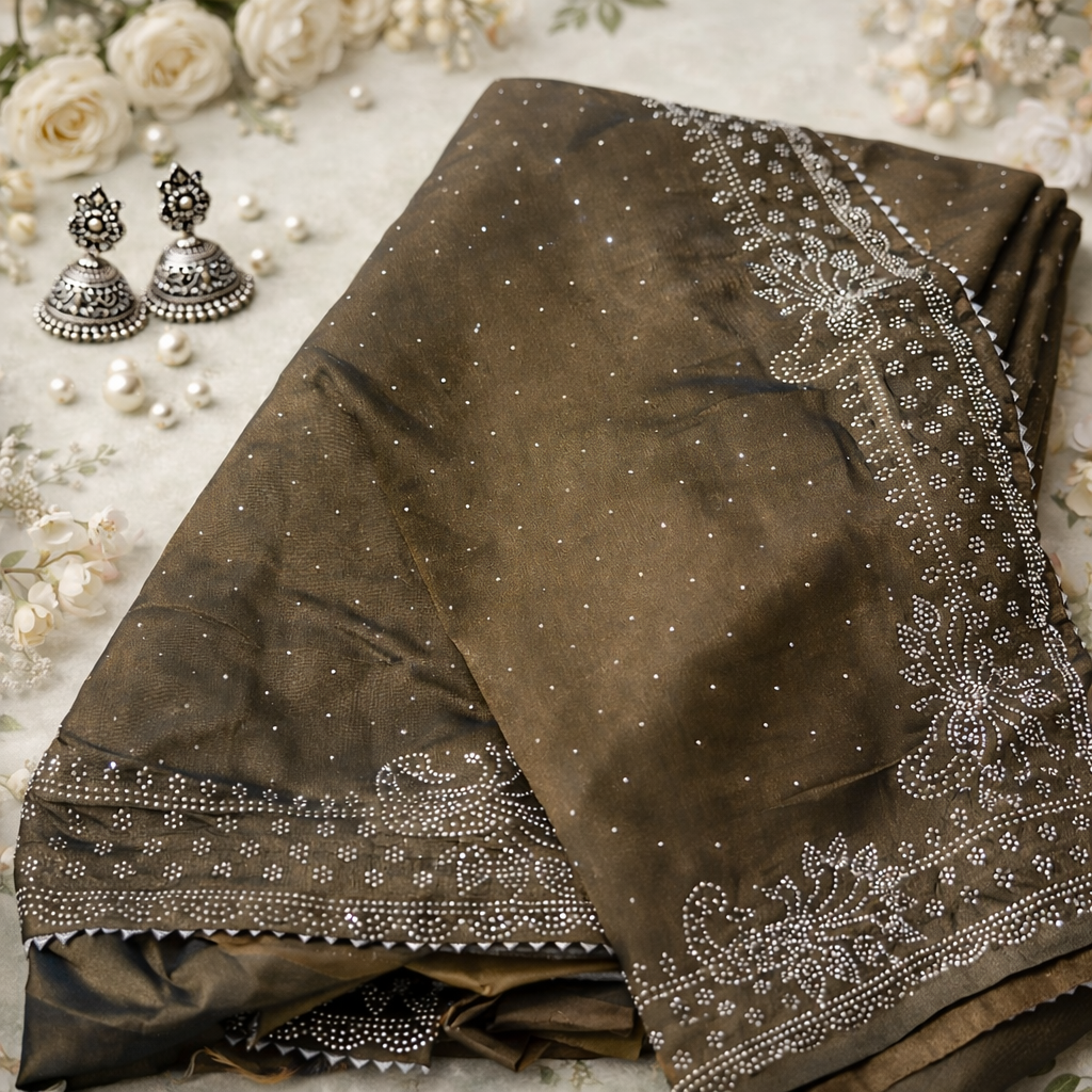 Dark Olive Designer Saree with Embellished Border & Unstitched Blouse