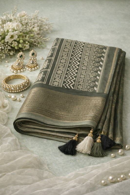 Olive Green Designer Saree with Printed Pattern & Blouse