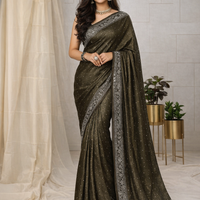 Dark Olive Designer Saree with Embellished Border & Unstitched Blouse