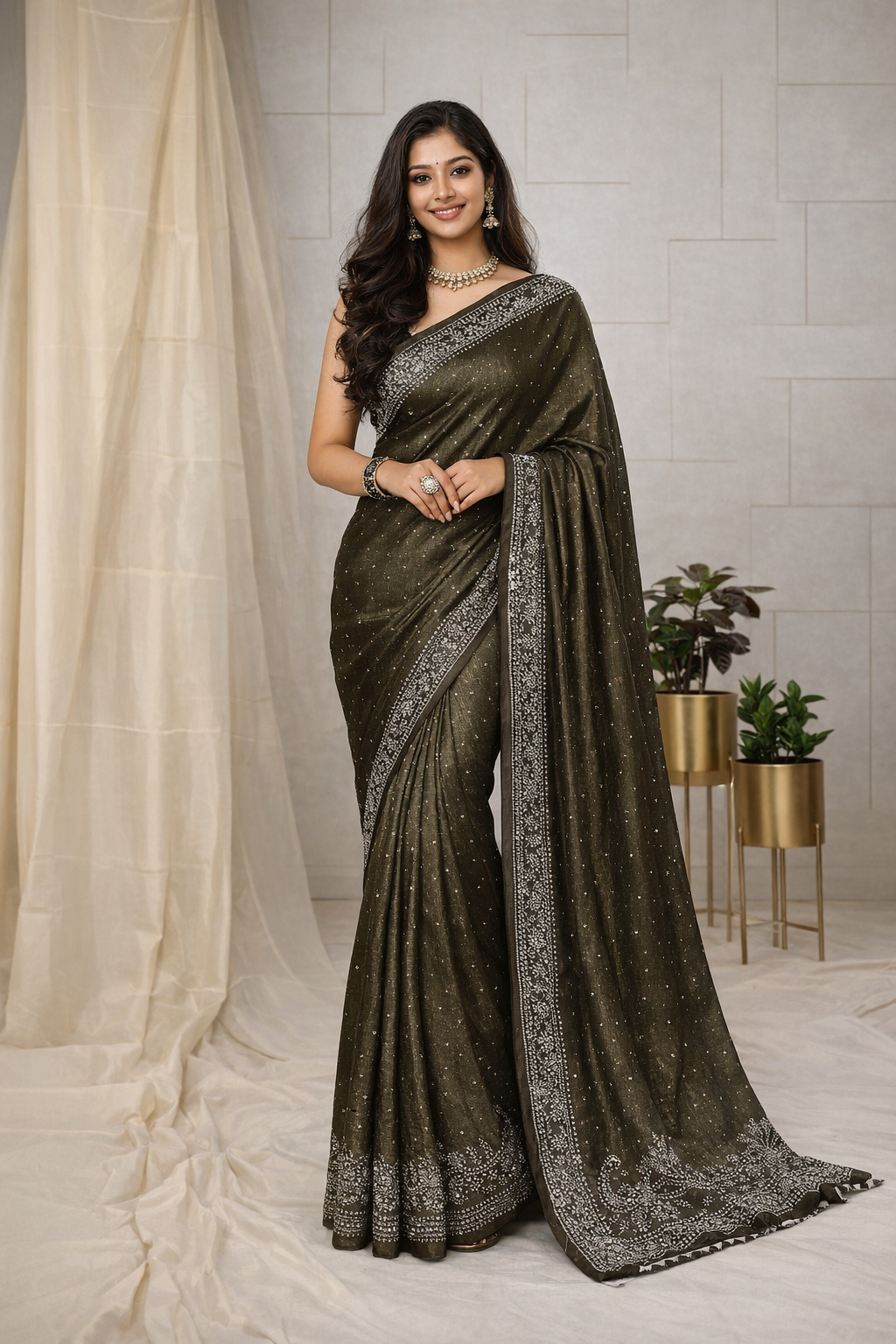 Dark Olive Designer Saree with Embellished Border & Unstitched Blouse