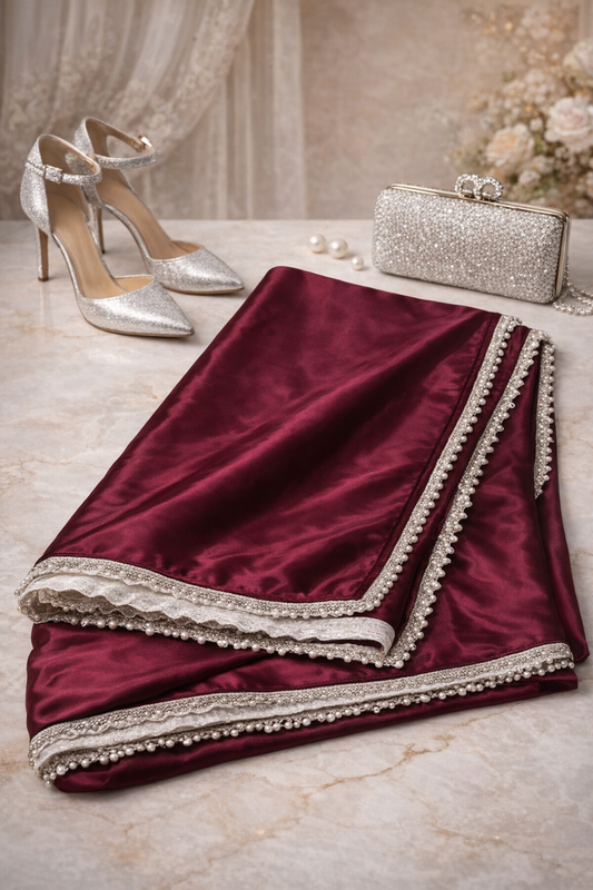 Elegant Wine Pink Satin Silk Saree with Pearl Lace Border