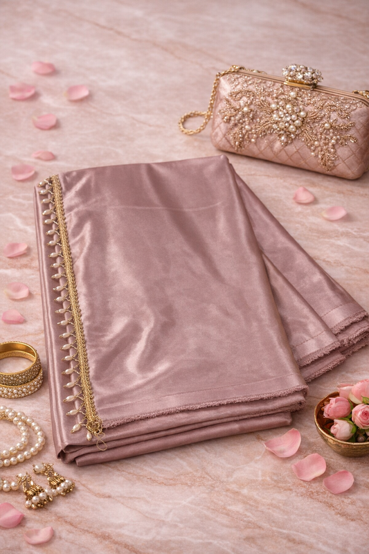 Elegant Dusty Rose Satin Silk Saree with Golden Latkan Border
