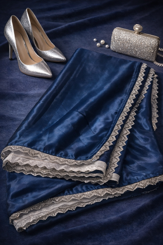 Royal Blue Satin Silk Designer Saree with Lace Border