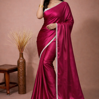 Elegant Wine Pink Satin Silk Saree with Pearl Lace Border