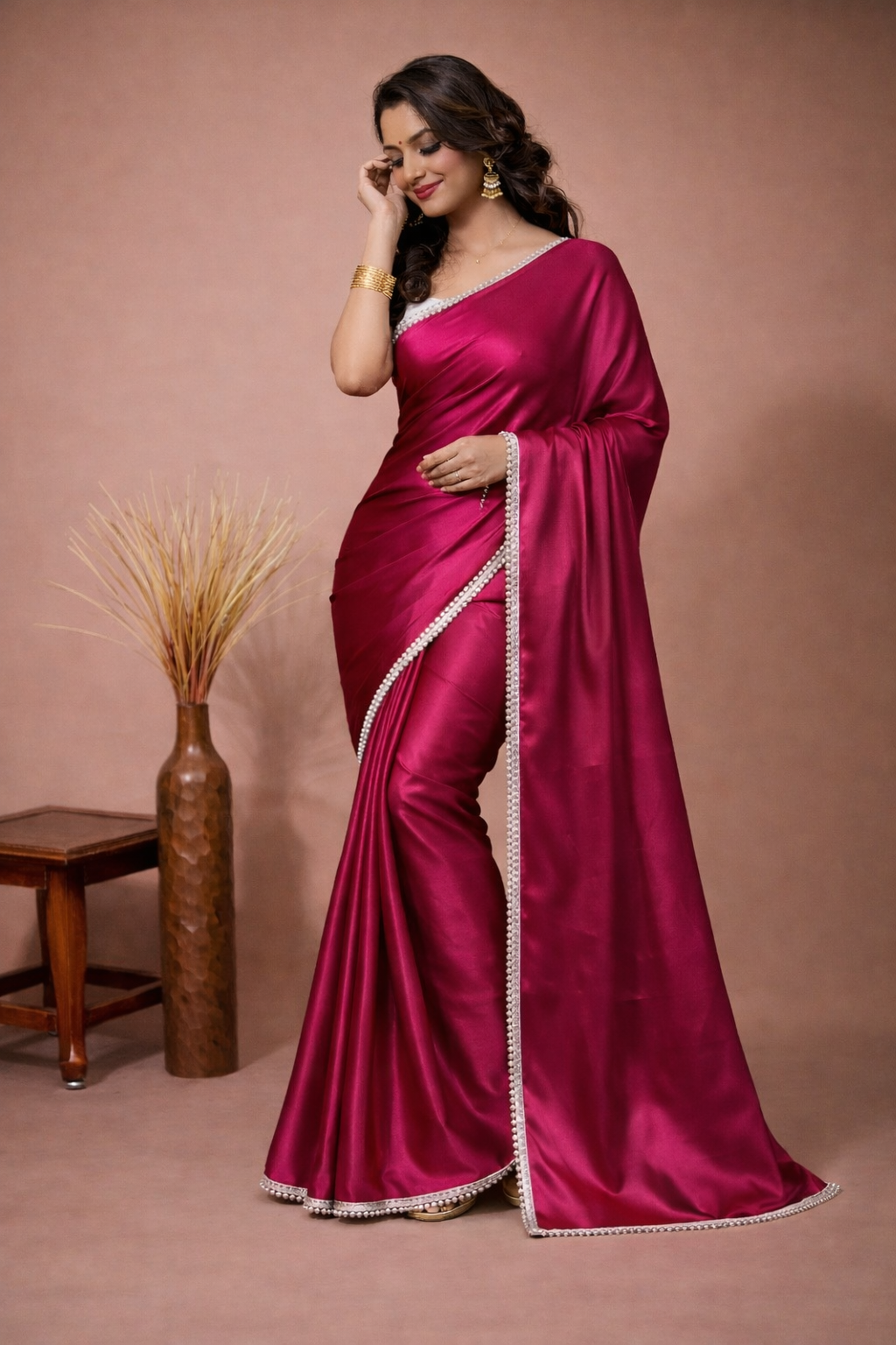 Elegant Wine Pink Satin Silk Saree with Pearl Lace Border