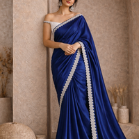 Royal Blue Satin Silk Designer Saree with Lace Border
