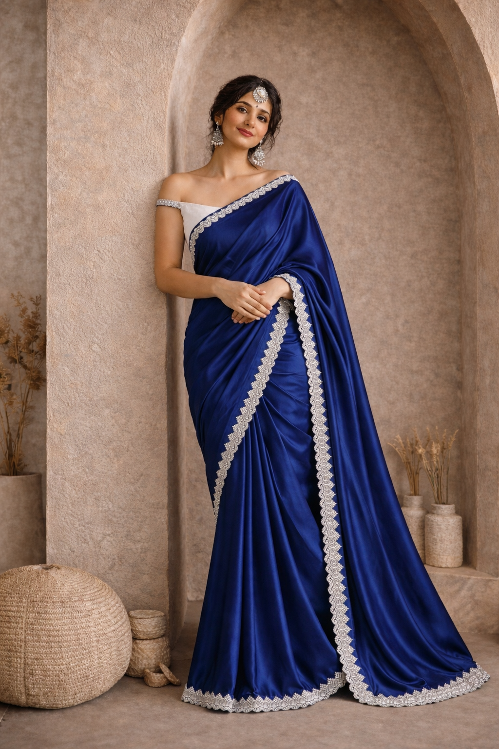 Royal Blue Satin Silk Designer Saree with Lace Border