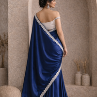Royal Blue Satin Silk Designer Saree with Lace Border