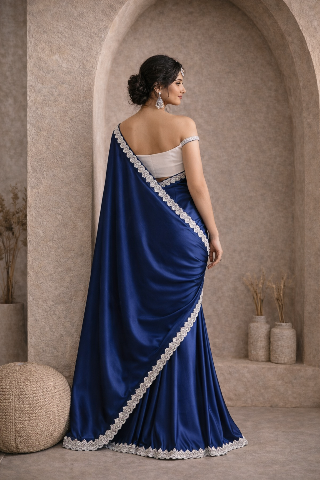 Royal Blue Satin Silk Designer Saree with Lace Border