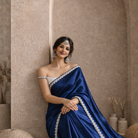 Royal Blue Satin Silk Designer Saree with Lace Border