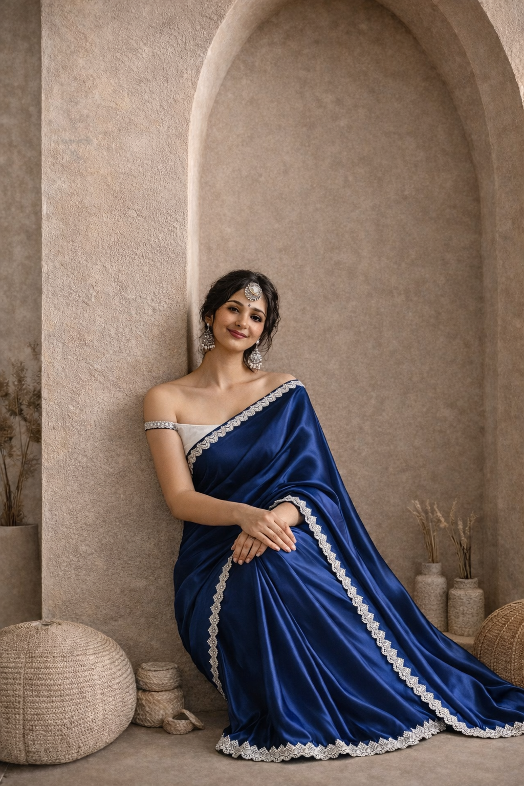 Royal Blue Satin Silk Designer Saree with Lace Border
