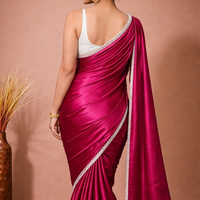 Elegant Wine Pink Satin Silk Saree with Pearl Lace Border