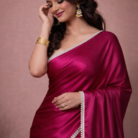 Elegant Wine Pink Satin Silk Saree with Pearl Lace Border