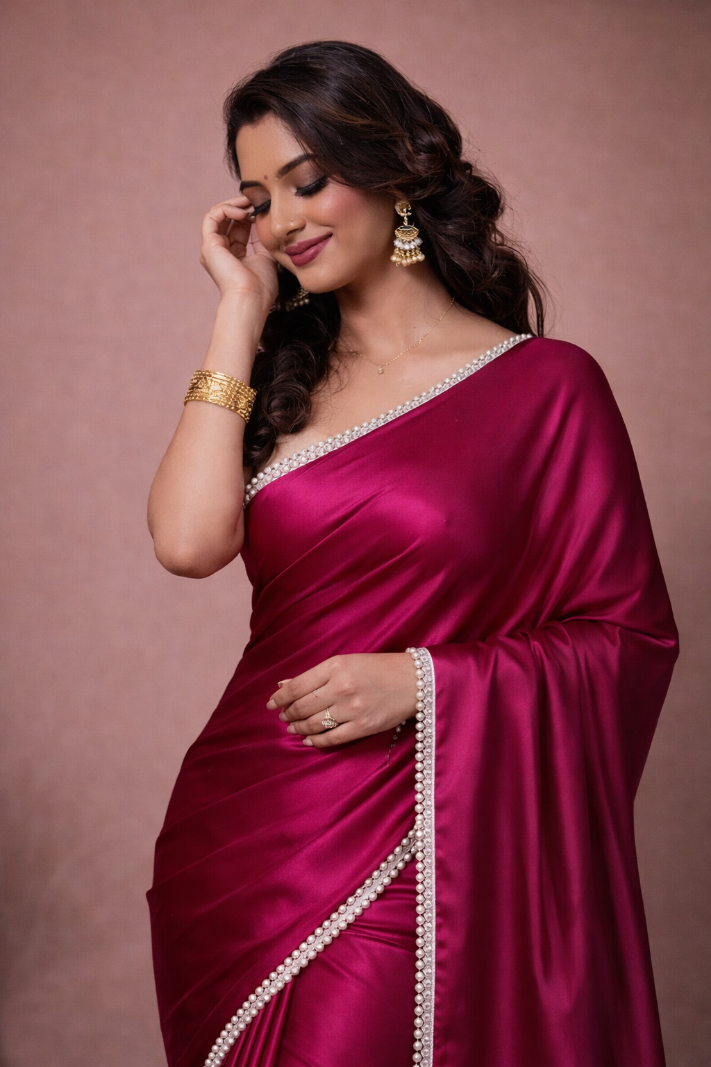 Elegant Wine Pink Satin Silk Saree with Pearl Lace Border