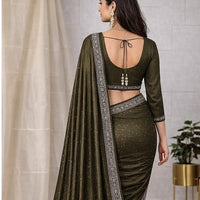 Dark Olive Designer Saree with Embellished Border & Unstitched Blouse