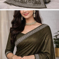 Dark Olive Designer Saree with Embellished Border & Unstitched Blouse